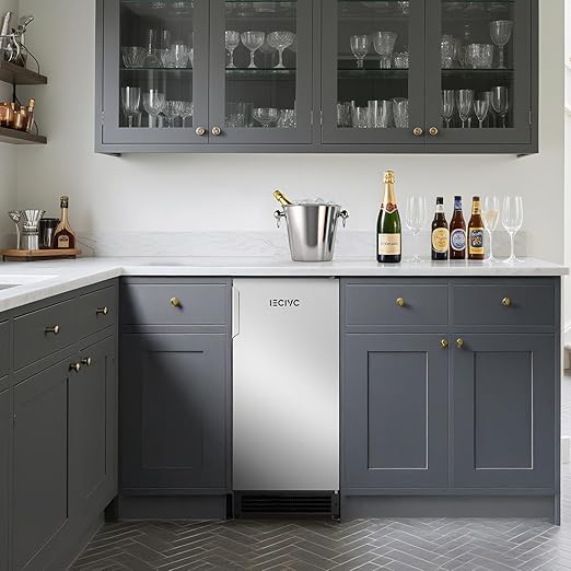 Under Counter Crescent Ice Maker Machine, 15'' W Drainless Built-in Ice Maker, 25 LBS/Day with 22 LBS Storage Bin, Perfect for Commercial Home Bar, No Drain