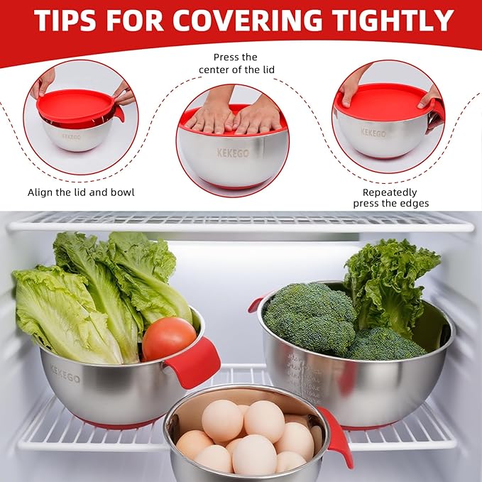 7-Piece Stainless Steel Mixing Bowls Set with Handles, Nesting Metal Bowls with Lids & Strainer, Non-Slip Base for Baking, Cooking & Meal Prep – Great Holiday Kitchen Gift (1.2/2.5/4.5 QT)