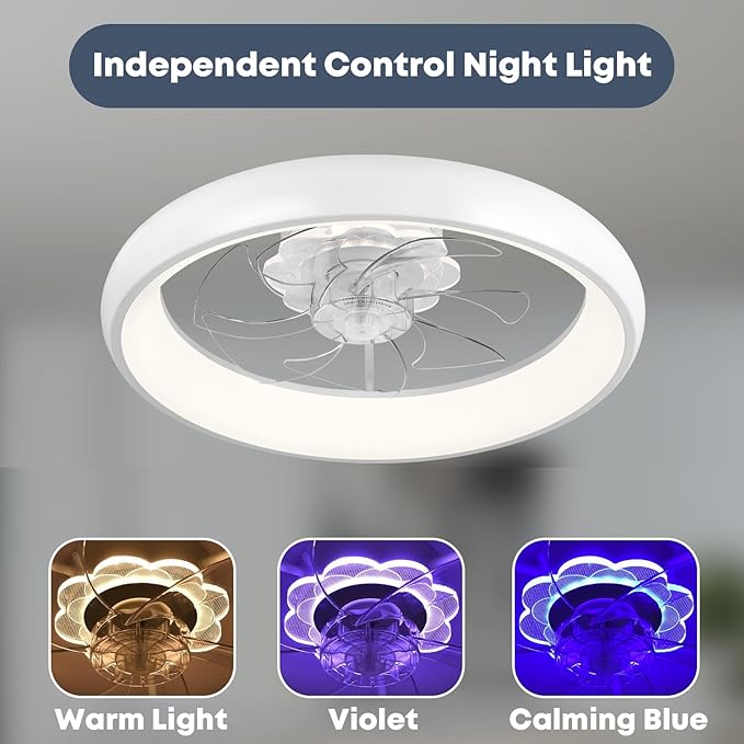 20'' Ceiling Fan with Light, Upgraded Low Profile Fan, Flush Mount Ceiling Fan, 6 Speeds, Dimmable LED, App & Remote Control, Quiet DC Motor, For Bedroom, Living Room, F109 White