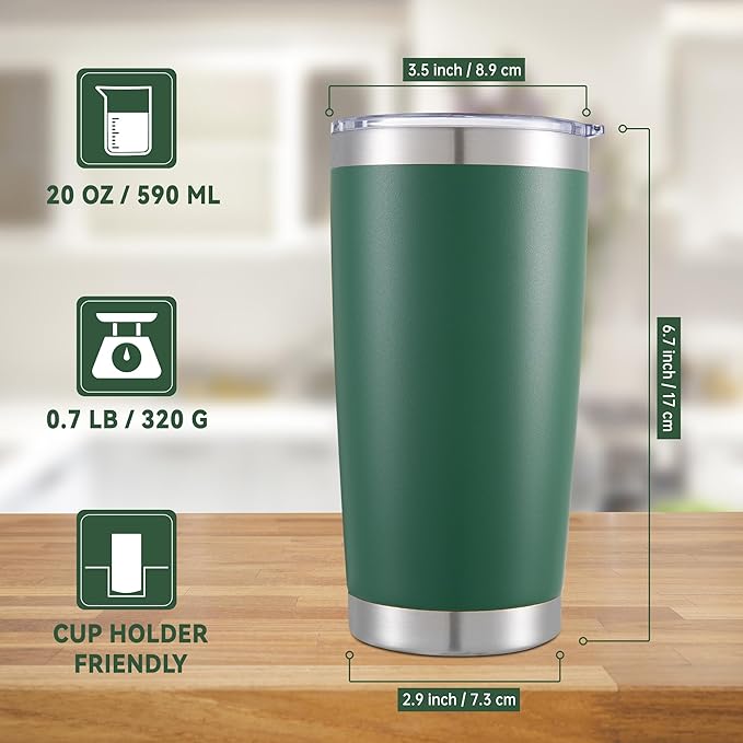 20 oz Tumblers Bulk Stainless Steel Tumbler with Lid Double Wall Vacuum Insulated Coffee Mug 20oz Powder Coated Cup for Hot and Cold Drinks, Dark Green, 6 pack