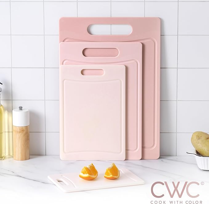 COOK WITH COLOR Non-Slip Cutting Board Set – Kitchen Essentials with Easy Grip Handle for Meat, Veggies, and Fruits, 4 Cutting Boards, Pink