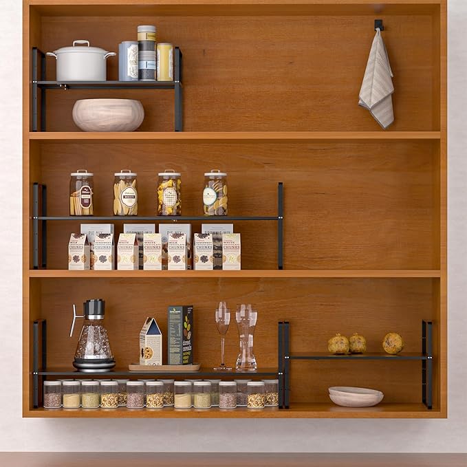 Redrubbit Expandable Cabinet Shelf Organizers, Stackable Kitchen Counter Shelves Spice Rack for Kitchen Bathroom Pantry Cupboard Desk Home Office, Metal Plate Heavy Duty Nonslip Black, Set of 2