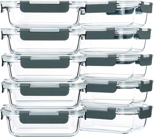 M MCIRCO 10-Pack,22 Oz Glass Meal Prep Containers,Glass Food Storage Containers with lids,Lunch Containers,Microwave, Oven, Freezer and Dishwasher (Gray)