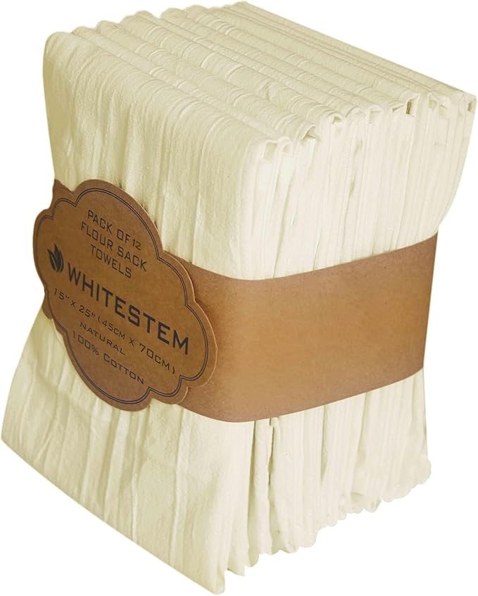 Flour Sack Towels | Tea Towel for Crafts| Kitchen Dish Cotton Blank Towel for Embroidery| Baking Bread Proofing Linen Cover| Thick Absorbent Quick Dry | 12 Pack 15"x25" Natural