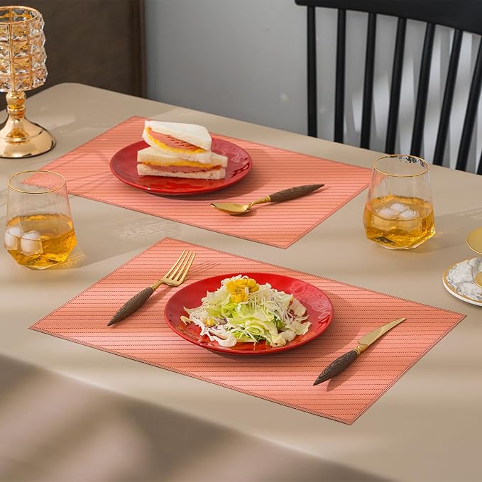 BACKTOEDEN Placemats Set of 6 Heat Resistant Washable Wipeable Placemat Woven Non-Slip Foldable Vinyl/Plastic Place Mats Indoor/Outdoor Mat Kitchen Dining Table Pad, Orange Twill