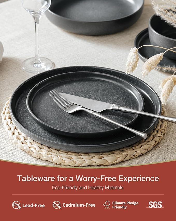 Famiware Milkyway Stoneware Dinnerware Sets with Pasta Bowls, Service for 4 (16 Pieces), Reactive Glaze Plates and Bowls Sets, Microwave and Dishwasher Safe Dishes Set, Matte Dark Charcoal