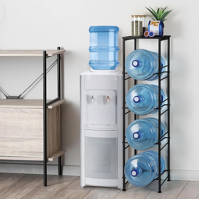 Vrisa Water Jug Holder 5 Gallon Water Jug Stand 4-Tier Water Gallon Holder Organizer with Storage Shelf 3/5 Gallon Water Jug Rack for Home Office Kitchen Black