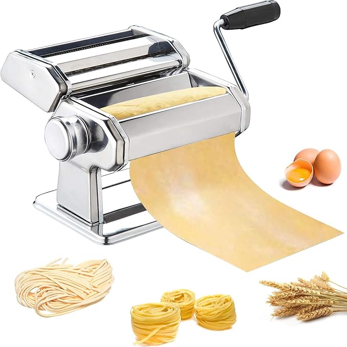 Pasta Maker, METLUCK Stainless Steel Pasta Machine Manual Roller Pasta Maker with 9 Thickness Settings for Spaghetti Linguine Fettuccine Lasagne, Includes Dough Cutter & Hand Crank