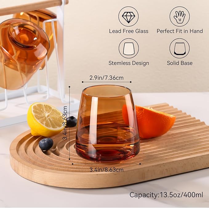 Brown Stemless Wine Glasses Set 6-Colorful Wine Glasses Stemless for Wine water,whiskies, juices, cocktails,Unique Gifts for Mother day Birthday Wedding Party