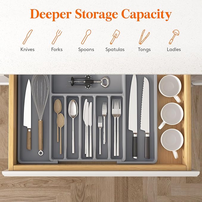 Lifewit Deep Silverware Drawer Organizer for Kitchen, Expandable Utensil Tray, Adjustable Flatware Cutlery Holder, Large Plastic Kitchen Storage for Spoons Forks Knives, 22.4 x 16.7 x 2 inches, Gray