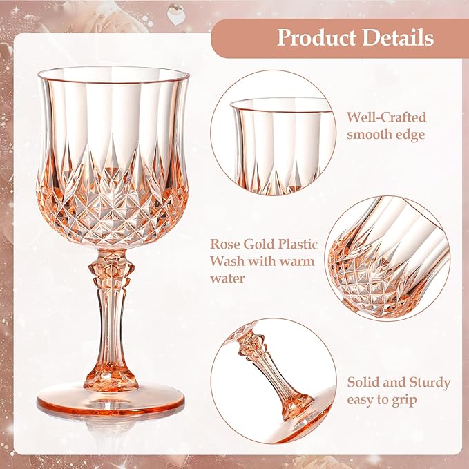 XUWAIDSGN 24 Pcs 7oz Plastic Vintage Wine Glasses Drinking Glasses Unbreakable Wedding Glassware Crystal Water Goblets Reusable Drinkware Vintage Champagne Flutes (24, Pink)