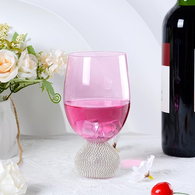Wine Glasses Set of 4,Stemless Wine Glass,Unbreakable Crystal Fancy Glasses,15 Oz Short Handle Red/White Glasses,Unique Wine Gifts for Women,for Home Bar, Party, Birthday (Pink)