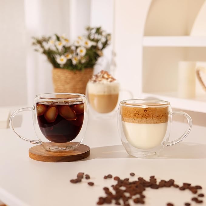 CNGLASS Double Walled Glass Coffee Mugs with Handle,12oz Insulated Glass Mugs with Handle,Clear Espresso Cups for Latte,Cappuccino,Tea Bag,Set of 2