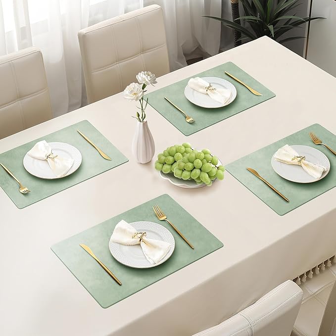 Roxifina Faux Leather Placemats Set of 6 - Vinyl Placemats Wipeable Waterproof Oil-Proof PU Place Mats Heat Resistant Reversible Table Mats for Dining, Kitchen, Outdoor, 12 x 17 Inch (Green)