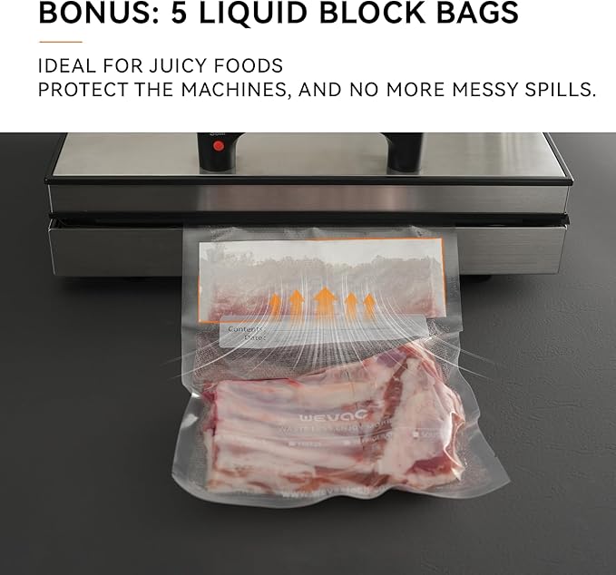 Wevac 6" x 10" Precut Vacuum Sealer Bags, 200 Count, Includes 5 Liquid Block Bags & 5 Bone Guard Pieces, Heavy Duty for Food Storage, Sous Vide & Meal Prep