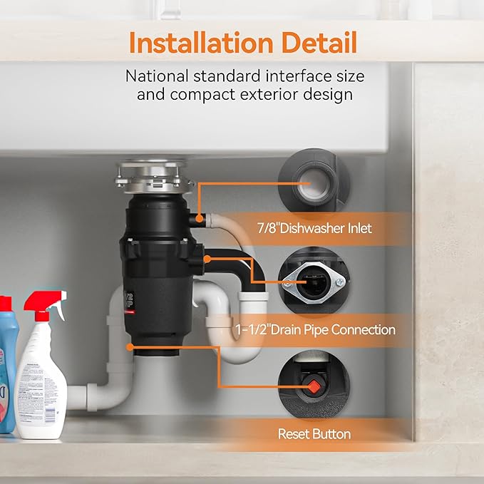 1/2 HP Garbage Disposal, TECASA Food Garbage Disposal with Power Cord, Stainless Steel Grinding System and 3-Bolt Mounting, Continuous Feed Compact Garbage Disposals, UL Certified, Taskmaid Series 50