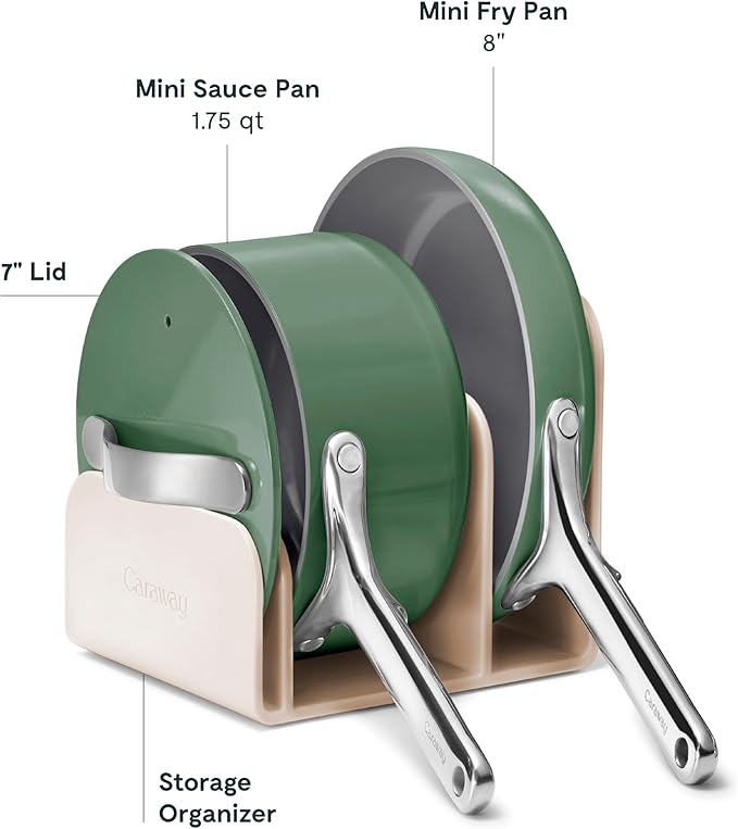 Caraway Mini Cookware Set - Non-Stick Ceramic Fry Pan (1.05 qt, 8") Sauce Pan (1.75 qt) & Storage Rack - Non Toxic, PTFE & PFOA Free - Oven Safe & Stovetop Agnostic (Gas, Electric & Induction) - Sage