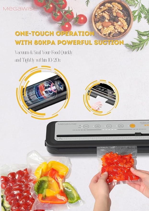 MEGAWISE 202309 Updated Model B w/ 4 Food Type/3 Bag Type Selection Food Vacuum Sealer Builtin Cutter for Fresh Saver of all food types moist, dry cold