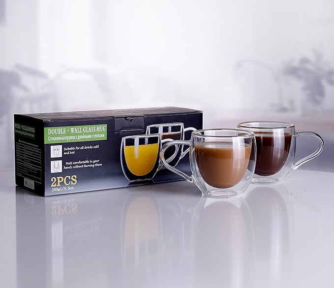 CNGLASS Double Wall Glass Coffee Mugs with Handle,10oz Clear Insulated Glass Espresso Cups for Hot and Cold Beverages,Latte,Cappuccino,Set of 2
