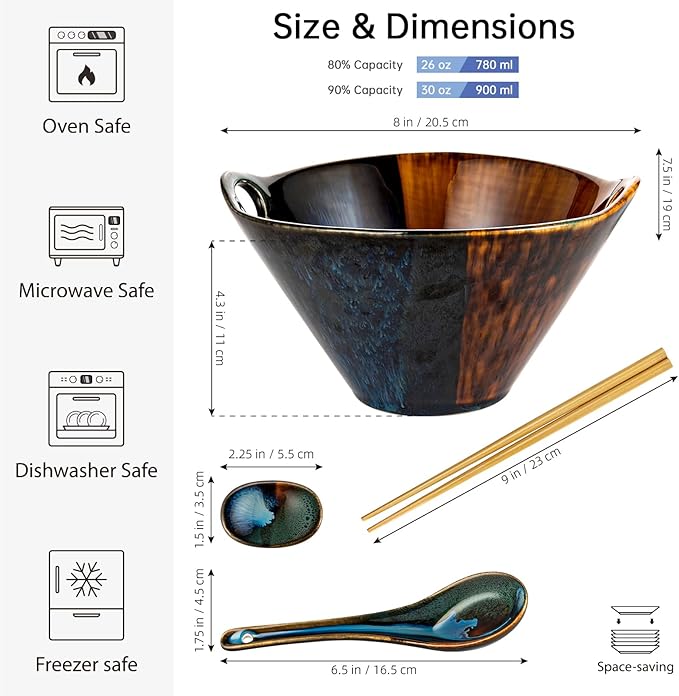 HENXFEN LEAD Japanese Ramen Noodle Bowl Set of 2-30 Oz Large Porcelain Salad Bowls with Chopsticks, Soup Spoons and Rests, Kitchen Serving Dishes for Pho, Udon