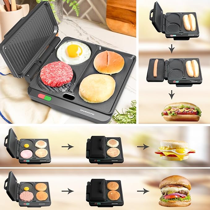 OVENTE Sandwich Maker and Hamburger Grill Machine with Non-Stick Griddle and Griller Plate, 1000W Electric Multipurpose Breakfast Station for Sandwiches, Burgers, Egg Muffin & Pancakes, Black HMG111B