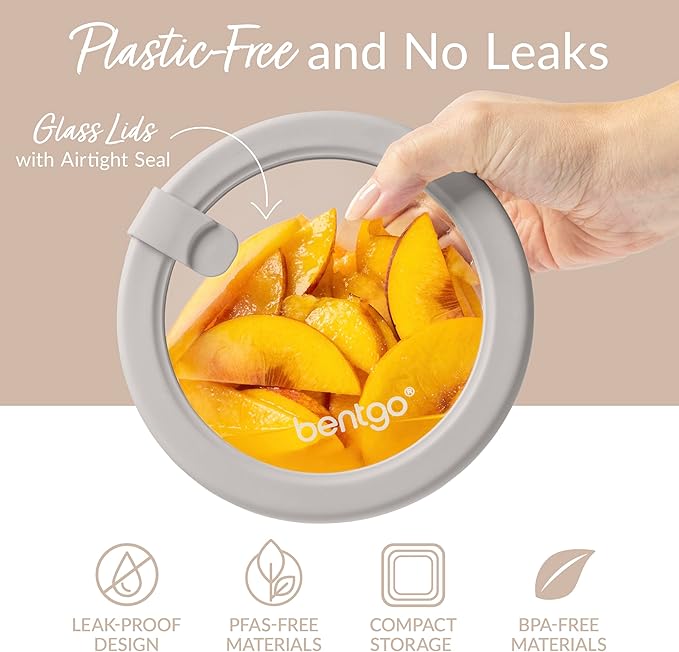 Bentgo Signature Leak-Proof Glass Food Storage - 4-Piece Set, 1-Compartment Plastic-Free Containers with Airtight Glass Lids, BPA-Free, Microwave, Freezer, Oven & Dishwasher Safe (White Stone)
