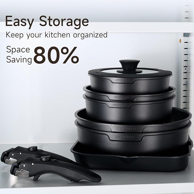 JEETEE Nonstick Pots and Pans Set with Removable/Detackable Handle (Black, 25 Pieces)