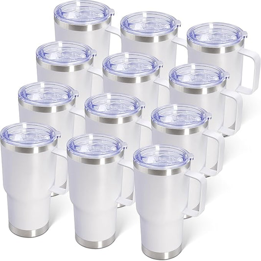 20 oz Tumbler with Handle and Lid, Stainless Steel Tumbler Insulated Travel Coffee Mug, Spill Proof Double Wall Vacuum Tumbler Cup Keep Drink Hot & Cold,White, 12 Pack