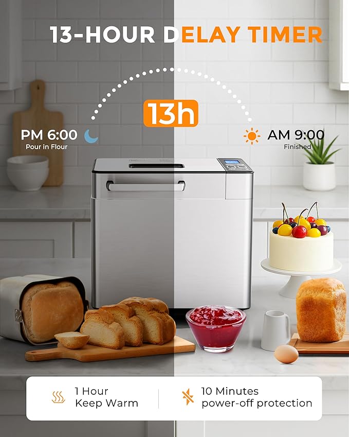 EUHOMY Bread Maker Machine 13-in-1 Bread Machine, Dough Maker, Auto Nut Dispenser & Ceramic Pan, 2LB and 3 Loaf Sizes & 3 Crust Colors, 650W Bread Machine with Keep Warm Set, Whole Wheat
