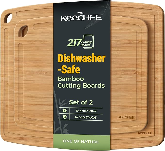 Dishwasher Safe Bamboo Cutting Boards Durable Lightweight Wood Cutting Board for Busy Kitchen, Easy Storage & Clean Wooden Chopping Boards with Juice Groove Set of 2 (M+S)