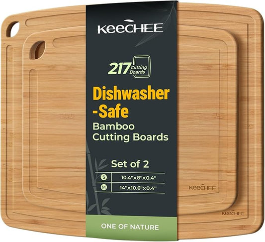 Dishwasher Safe Bamboo Cutting Boards Durable Lightweight Wood Cutting Board for Busy Kitchen, Easy Storage & Clean Wooden Chopping Boards with Juice Groove Set of 2 (M+S)