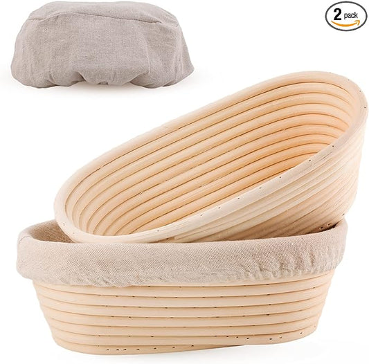 Joyyy Sourdough Bread Proofing Baskets with Liner, Dough Rising Ratten Bowl for Bread Making and Baking, Oval, 10 inch (Set of 2)