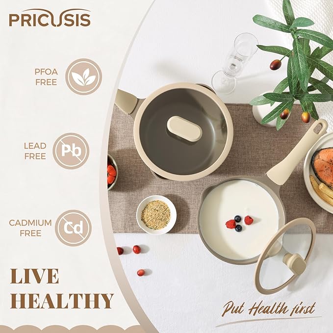 PRICUSIS Nonstick Saucepan with Lid, 2.7 Quart Sauce Pan, Healthy Sauce Pot with Pour Spouts for Multipurpose Use, PFOA Free, Induction Compatible, Apricot