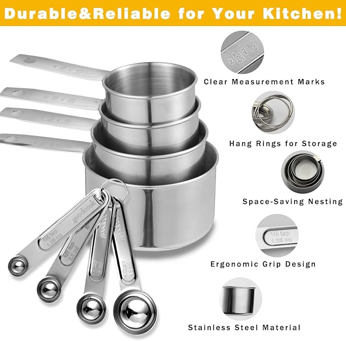 Stainless Steel Measuring Cups and Spoons Set, 8 Piece Essential Kitchen Tools, Measuring Kitchen Gadgets with Good Grips for Spice Jar, Liquid & Dry Ingredients, Pet Food, Coffee Scoop