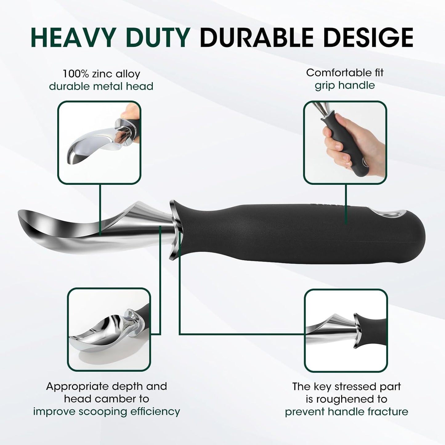 Beneno Heavy Duty Ice Cream Scoop - Upgraded Anti-Fracture Design, Comfortable Grip Long Handle, Effortless Scooping & Dishwasher Safe, Black