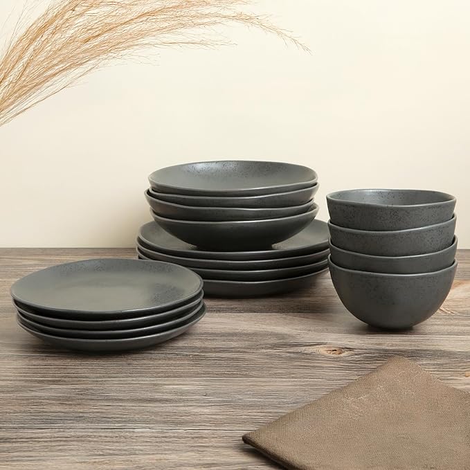 Trasa Home Eco-Friendly High Fired Artisan Stoneware Dinnerware 16 piece set, 4 place settings (Charcoal)