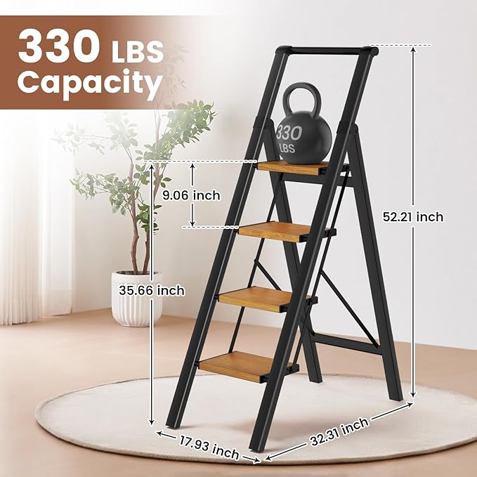 4 Step Ladder with Handrails, Kitchen Step Stool for Adults 330 lbs, Portable Step Stool Foldable, Lightweight Stepping Stool with Non-Slip Pedals, Aluminum Folding Ladders for Home Garage