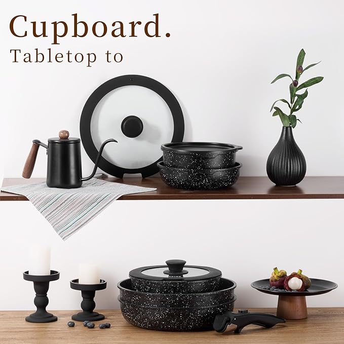 JEETEE Pots and Pans Set Non Stick 17pcs, Kitchen Cookware Sets with Detachable Handle, Induction Nonstick Cookware Set with Removable Handle, Stackable RV Cookware, Oven Safe, PFAS/PFOA Free, Black