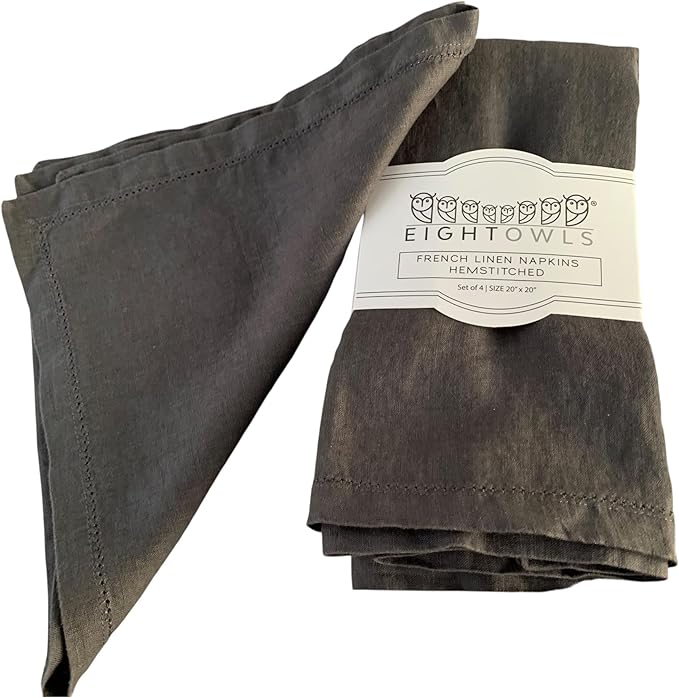 Hemstitched Linen Napkins – 20 Inch x 20 Inch – Stonewashed Pure Linen Cloth Dinner Napkins with Mitered Corners - 100% French Flax – Machine Washable - Set of 4 (Dark Gray)