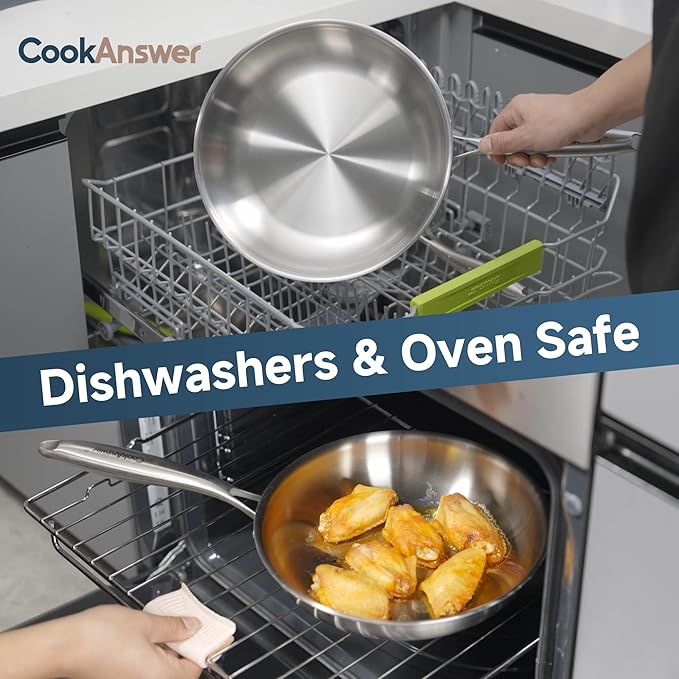 Tri-Ply Clad Stainless Steel 11 Inch Frying Pan with Lid,PFOA&PTFE Free Skillets,Works on Induction,Oven and Gas Cooktops