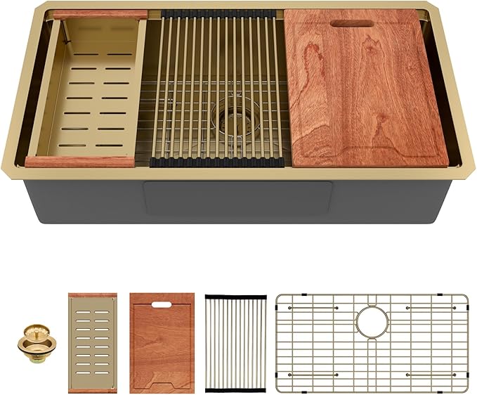 Lordear Gold Undermount Kitchen Sink 36" x 19" Stainless Steel Sinks 16 Gauge Single Bowl Ledge Workstation Handmade Under Counter Kitchen Sink Basin with Built-In Accessories