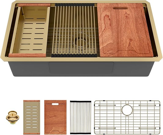 Lordear Gold Undermount Kitchen Sink 36" x 19" Stainless Steel Sinks 16 Gauge Single Bowl Ledge Workstation Handmade Under Counter Kitchen Sink Basin with Built-In Accessories