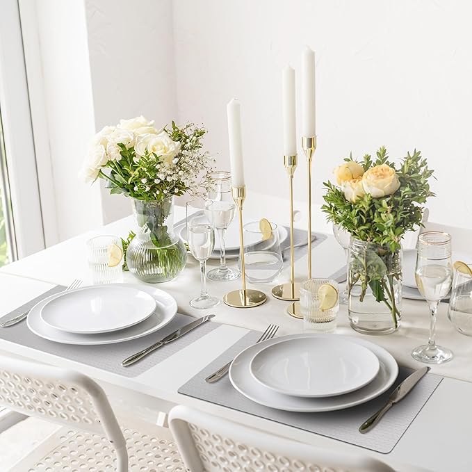 Vinyl Placemats Set of 6-12×17.7 Inch Waterproof & Heattable Placemats, Fall Faux Leather Wipeable Outdoor Table Mat for Dining, Kitchen, Indoor Outdoor Use (Grayish White, Cable Pattern)