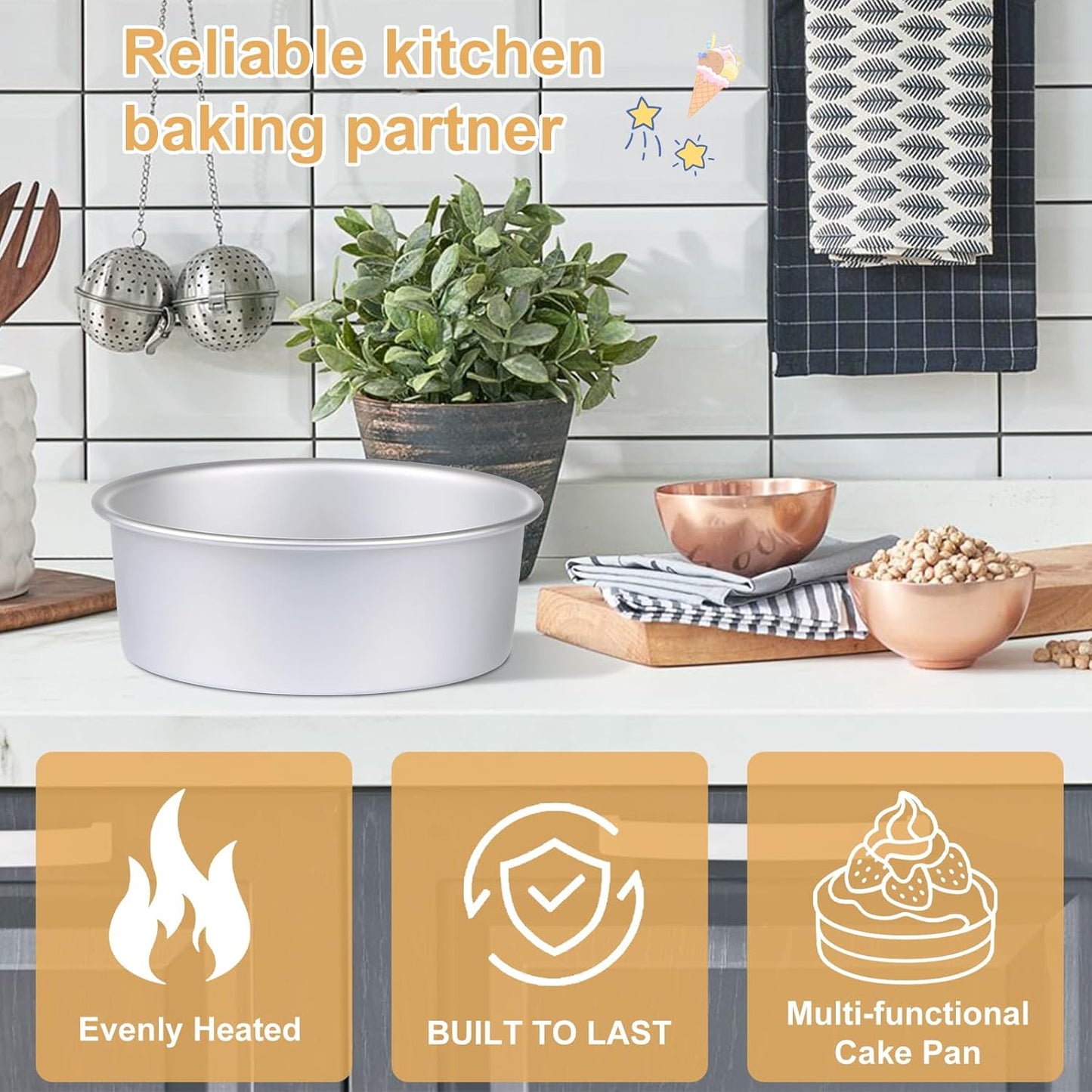 HomeMall Round Cake Pan Set of 3 (6 x 3 inch/8 x 3 inch/10 x 3 inch), Aluminum Baking Pans for Layer Cakes, Heavy Duty Non-Stick, Evenly Baking Tools for Home Kitchen, Birthday Wedding Anniversary