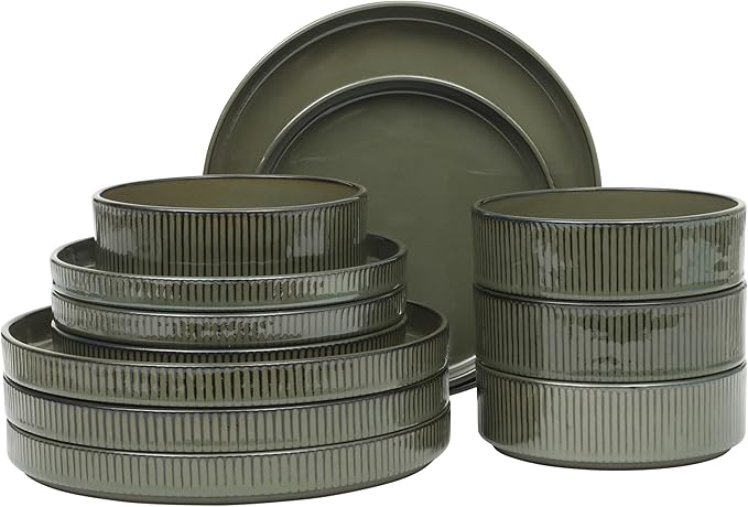 Gibson Elite 12 Piece (Service for 4) Townscape Plates and Bowls Reactive Glaze Embossed Round Dishes Terracotta Ceramic Dinnerware Set - Dark Green
