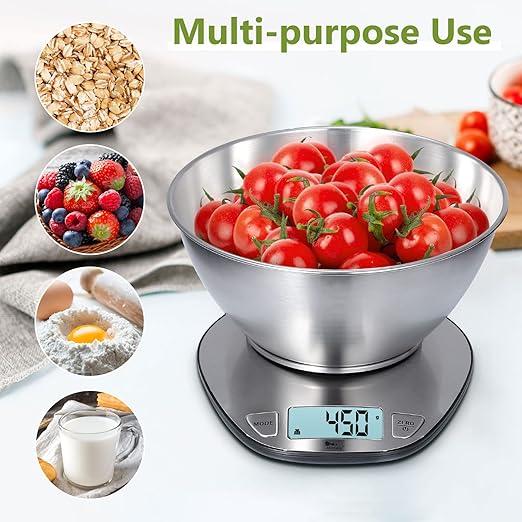 himaly Food Scale - Digital Kitchen Scale with Bowl & LCD Dipslay Scale Weight Grams and Oz for Cooking, Baking, and Meal Prep, Stainless Steel Silver