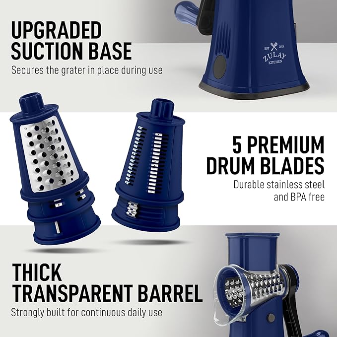 Zulay Kitchen Rotary Cheese Grater 5 Blade Cheese Shredder - Manual Hand Crank Cheese Grater With Reinforced Suction & 5 Interchangeable Drums - Easy to Use, Vegetable Chopper Round Mandoline Slicer