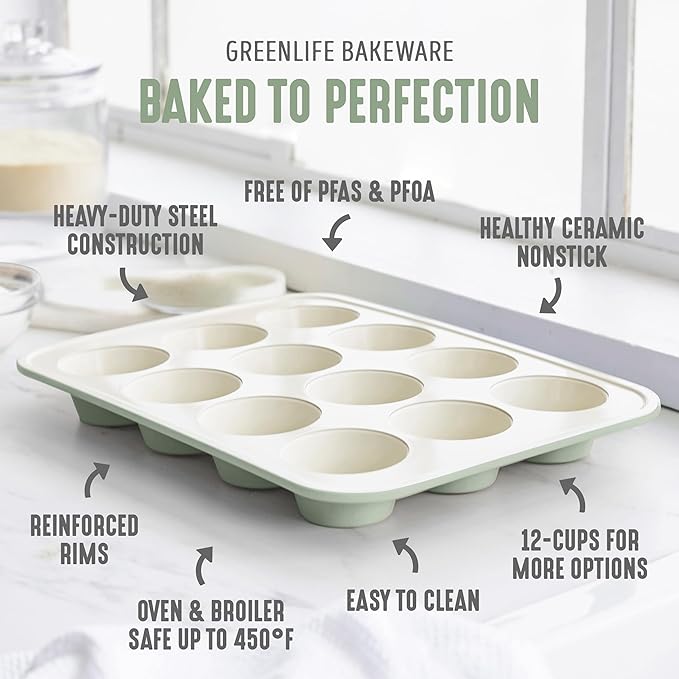 GreenLife 12-Cup Muffin Pan, Healthy Ceramic Nonstick Bakeware, PFOA & PFAS-Free Cupcake Tray, Durable Baking Pan, Versatile Kitchen Essential, Easy Clean Muffin Mold, Nonstick Baking Sheet, Sage