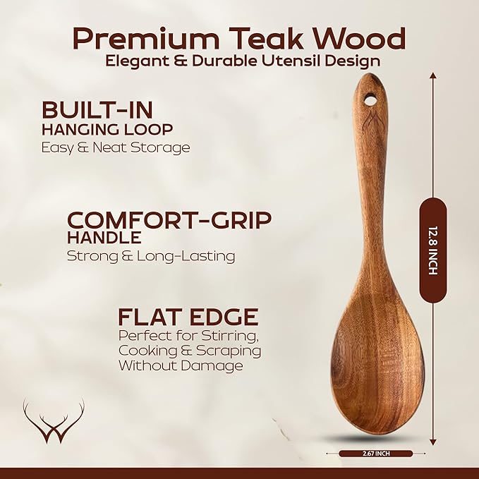 Premium Teak Wooden Spoon for Cooking 12” Long Handle - Cooking Utensils Set for Women & Chefs, Elegant Wooden Kitchen Utensil Set with Rest, Essential Wooden Utensil Set for Kitchen & Perfect Gifts