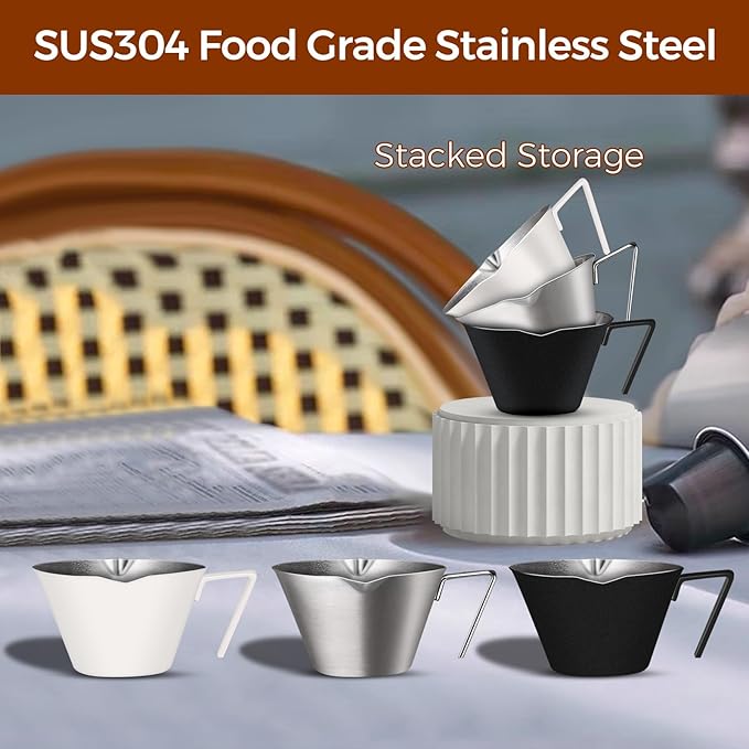 4Pcs Stainless Steel Espresso Cups, Double Spout Metal Espresso Measuring Cup with Handle, Dual Scale Espresso Shot Cup with V-Shaped Mouth, 3.4oz/100ml (Silver)